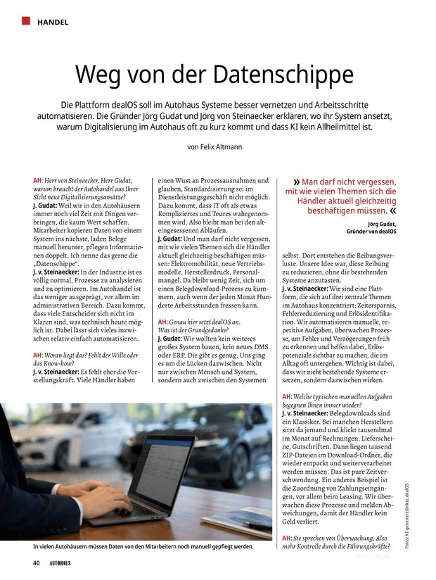 Erste Seite des Interviews „Weg von der Datenschippe“ im Magazin AUTOHAUS.